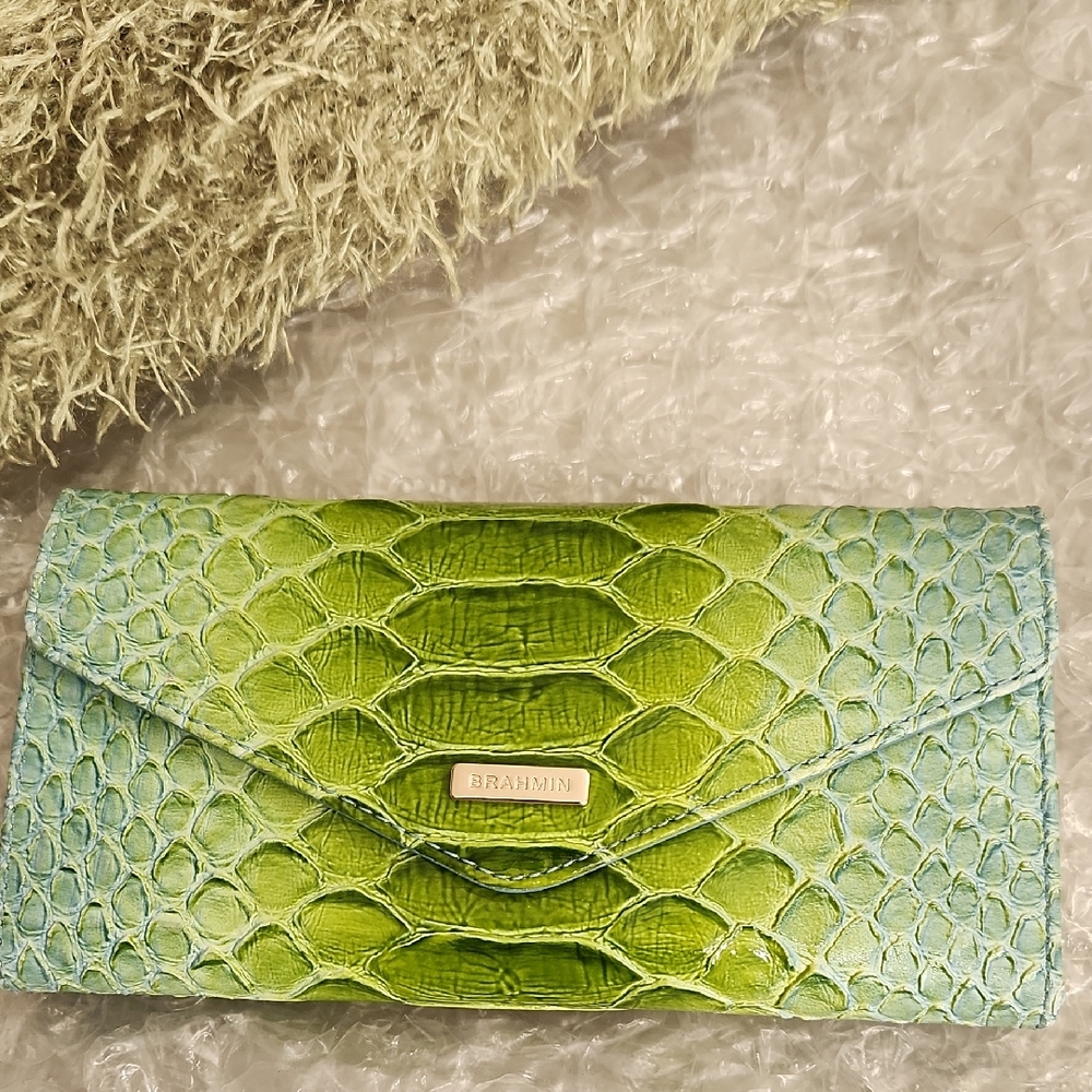 Brahmin Lime and Aqua Embossed Clutch LIKE NEW